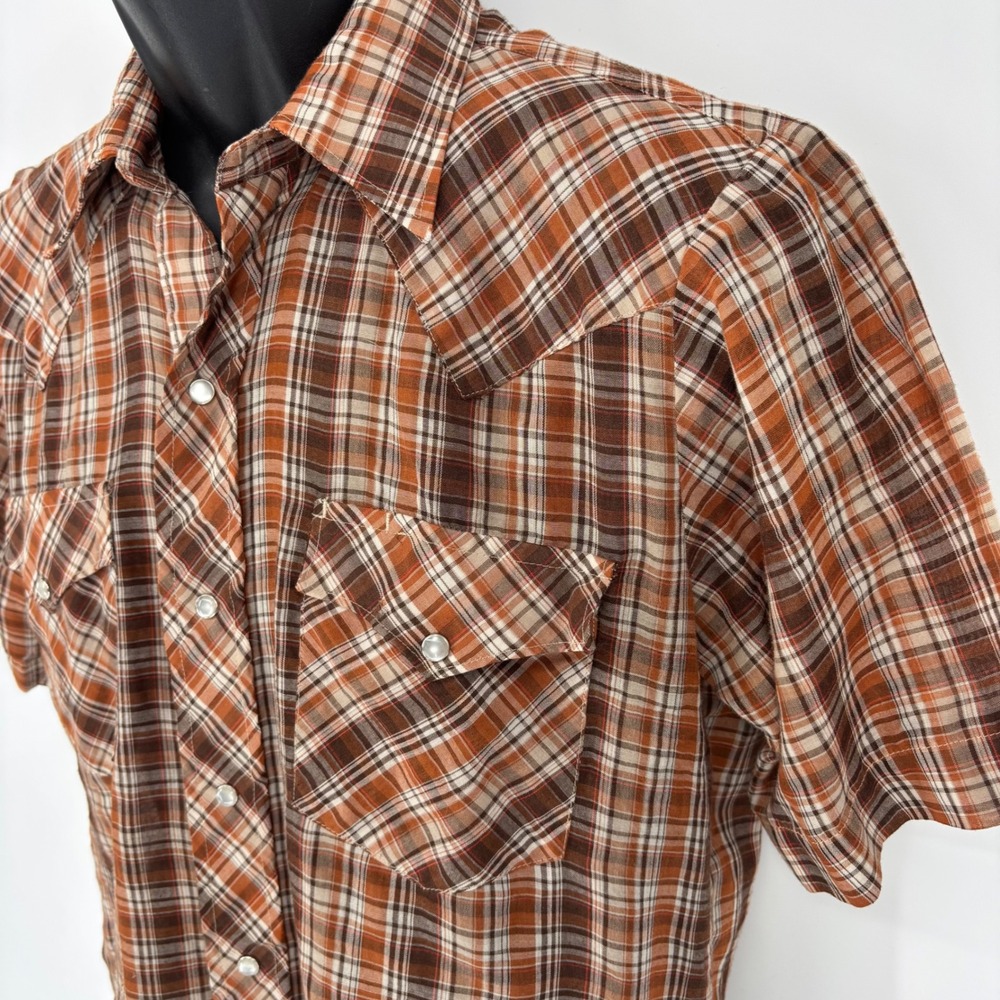 Vintage Western Fashions Mens Brown Orange Plaid Pearl Snap Short Sleeve Shirt